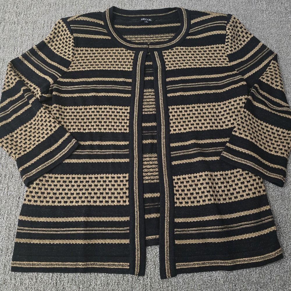 Misook Black Gold Metallic Knit Open Front Cardigan Jacket XL Career Party